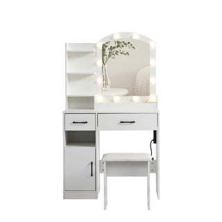 Vanity desk set including table with large lighted mirror,3 color lighting modes adjustable brightness, dressing table with 2 drawers, storage cabinet and upholstered stool, white color