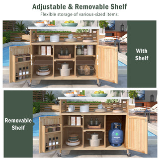 K&K Outdoor Kitchen Island, Rolling Bar Cart and Storage Cabinet, Farmhouse Solid Wood Outdoor Grill Table with Stainless Steel Top, Spice Rack, Towel Rack for Kitchen and BBQ, Natural