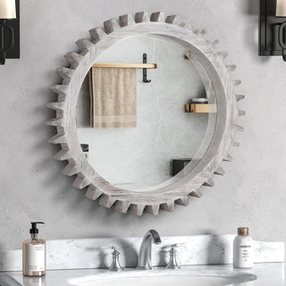 Vintage 34'' x 34'' Round Hanging Gear-Shaped Mirror - Antique White Washed Decorative Wall Mirror for Bathroom, Living Room & Entryway