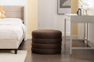 007-Boucle Fabric Storage Round Ottoman Footstool With Wooden Shelving,Brown