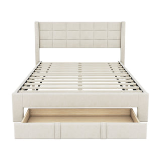 Queen Size Upholstered Platform Bed with A Big Drawer, Beige