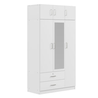 3-Door Mirror Wardrobe with 2 Drawers and Top Cabinet, White