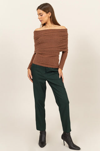 HYFVE Fuzzy Off Shoulder Textured Knit Top