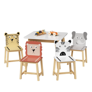 5 Piece Kiddy Table and Chair Set , Kids Wood Table with 4 Chairs Set Cartoon Animals (bigger table) (3-8 years old)