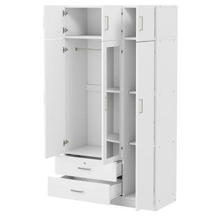 3-Door Mirror Wardrobe with 2 Drawers and Top Cabinet, White