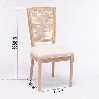 French Style Solid Wood Frame Linen Fabric Square Rattan Back Dining Chair,Set of 2,Cream