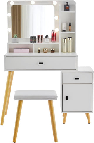 Dressing Table with Hollywood LED Mirror – Light Adjustable Brightness, White Wooden Cosmetic Table with Drawer and Storage Cabinet, Padded Stool Set