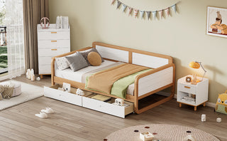 Twin Size Solid Wood Daybed with 2 Storage Drawers for Limited Space Kids, Teens, Adults, No Need Box Spring, Walnut and White