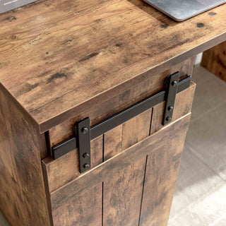 Home Office Desk Distressed Wood One Cabinet Three Shelves Faux Barn Door on Metal Euro Hinges Modesty Panel