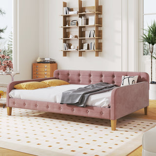 Full Size Upholstered Daybed with 4 Support Legs, Pink