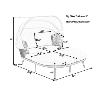 TOPMAX 74.8" L Patio Daybed with Retractable Canopy, Outdoor Rattan PE Wicker Loveseat Sofa Set with Throw Pillows & Cushions for Backyard, Poolside, Garden (Brown)