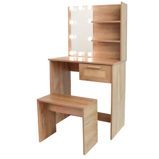 Vanity Desk Set Stool & Dressing Table with LED Lighting Mirror Drawer and Compartments Modern Wood Cosmetic Table Chest of Drawers Nature Color