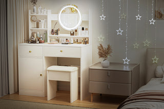 Fashion Vanity Desk with Mirror and Lights for Makeup and Cushioned Chair, Vanity Mirror with Lights and Table Set with 3 Color Lighting Brightness Adjustable,Dressing table,  White Color