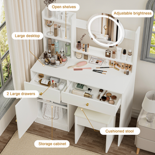 Fashion Vanity Desk with Mirror and Lights for Makeup and Cushioned Chair, Vanity Mirror with Lights and Table Set with 3 Color Lighting Brightness Adjustable,Dressing table,  White Color