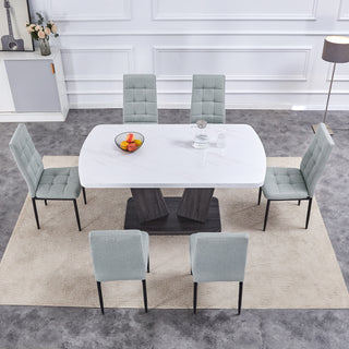 Modern Dining Table Set for 6, 7 Piece Dining Set, 63" Rectangle Kitchen Table with 6 Upholstered Chairs, 1.8" Thickness Tabletop and V-shaped Table Legs, White Faux Marble Dining Set for Kitchen Room