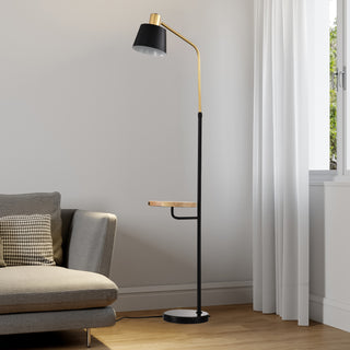 Real Marble Floor Lamp with Wood Bedside Nightstand End Table, Built-In USB Charging Port for Living Room, Bedroom, Matte Gold + Matte Black