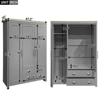 Three Door Storage Wardrobe with Cabinets and Two Hanging Rods,Gray