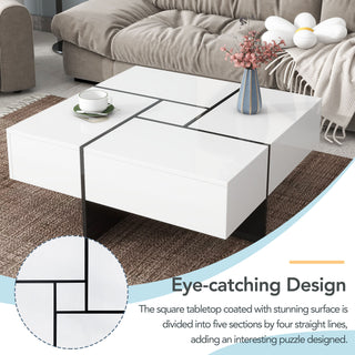 On-Trend Unique Design Coffee Table with 4 Hidden Storage Compartments, Square Cocktail Table with Extendable Sliding Tabletop, UV High-Gloss Finish, Center Table for Living Room, 31.5" x 31.5"