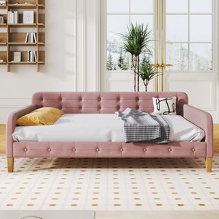 Full Size Upholstered Daybed with 4 Support Legs, Pink