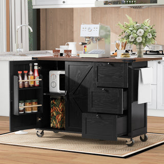 K&K 54.5" Farmhouse Kitchen Island with Power Outlet, Internal Storage Rack, Drop Leaf, Spice Rack, Rolling Cart on Wheels, for Kitchen, Dining Room, Black