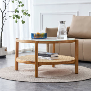 Modern simple circular double-layer solid wood tea table rattan woven Chinese side table small round table suitable for living room, dining room and bedroom