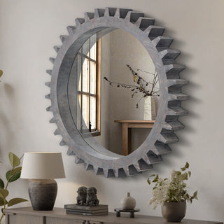 Vintage 42'' x 42'' Wood Round Hanging Gear Shape Heavy Decorative Mirror For Bathroom Living Room Entryway Or Put Together To Your Liking.(Antique Bark Brown)