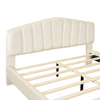 Queen Size Velvet Platform Bed with Thick Fabric, Stylish Stripe Decorated Bedboard and Elegant Metal Bed Leg, Beige