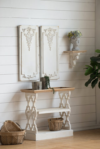 35.5" x 14" x 32" Distressed White and Natural Wood Shelf Tray, French Country Console Table