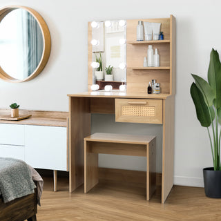 Vanity Desk Set Stool & Dressing Table with LED Lighting Mirror Drawer and Compartments Modern Wood Cosmetic Table Chest of Drawers Nature Color