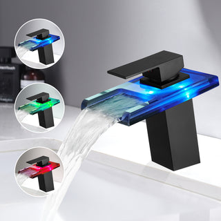 Led Bathroom Sink Faucet with 3 Color Changing Waterfall Glass Spout, Hot/Cold Mixer, Single Handle, Black Deck Mounted