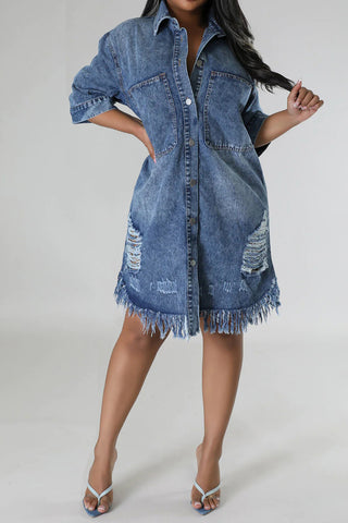 Distressed Raw Hem Button Up Denim Dress for Women