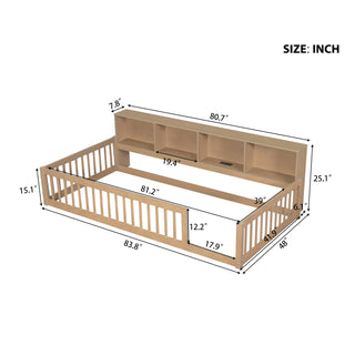 Wood Twin XL Size Floor Bed with Storage Cabinets and USB Ports, Brown