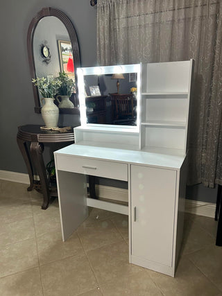 Vanity Desk with Mirror & Light, Large Drawer Three Level Storage Dresser, 3 Lighting Modes Adjustable Brightness, Bedroom Dressing Table (White)