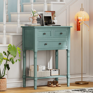 TREXM Narrow Console Table, Slim Sofa Table with Three Storage Drawers and Bottom Shelf (Light Blue)