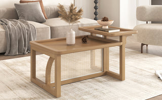 Modern 2 Piece Nesting Rattan Wood+ MDF Coffee Table Set in Natural