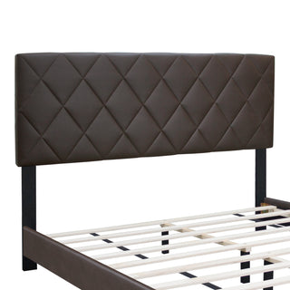 BROWN QUEEN SIZE ADJUSTABLE UPHOLSTERED BED FRAME STAIN RESISTANT PVC LEATHER PLAID DESIGN SIMPLE STYLE