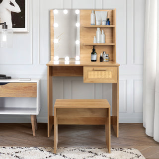 Vanity Desk Set Stool & Dressing Table with LED Lighting Mirror Drawer and Compartments Modern Wood Cosmetic Table Chest of Drawers Nature Color