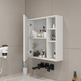 A white MDF material mirror cabinet, bathroom mirror, and a separate wall mounted bathroom mirror for storage and space saving.