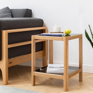 Natural Oak Wood End Table with Tempered Glass for Living Room, Dinning Room, or Bedroom