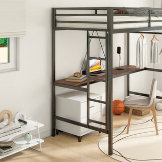 Adam Sturdy Twin Loft Bed - Black Frame with Cinnamon Wood Desk & Closet Rod, Space-Saving Loft Bed for Adults & Kids