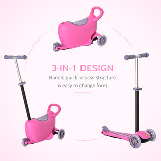 3-in-1 Ride On Push Car, Kids Scooter, Sliding Walker, Push Rider, with Adjustable Handlebar, 3 Balanced Wheels, Removable Storage Seat, for Boys and Girls Aged 2-6 Years Olds, Pink