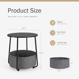 Modern Round Side Table with Fabric Basket, Black & Grey Steel Frame - Perfect for Living Room or Bedroom