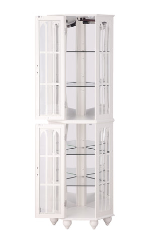 Corner Curio Cabinet with 4 Adjustable Glass Shelves & Lighting, Solid Wood Legs, Acrylic Mirrored Back Panel