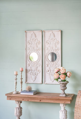 Set of 2 Large Wooden Wall Art Panels with Distressed White Finish and Round Mirror Accents,17' x 48'