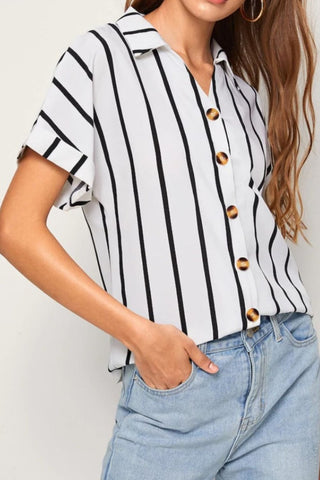 Striped Button Up Short Sleeve Shirt for Women