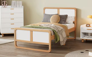 Modern Style Twin Size Solid Wood Platform Bed for Kids, Teens, Adults, No Box Spring Needed, Walnut and White