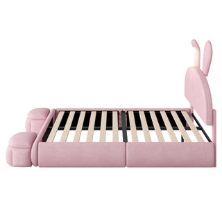 Full Size Upholstered Platform Bed with Cartoon Ears Shaped Headboard and Light, Pink