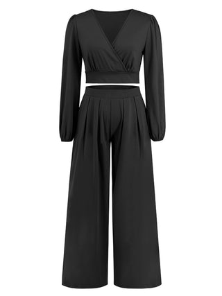 Surplice Top and Wide Leg Pants Set