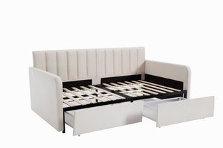 Flora Upholstered Daybed with 2 Drawers, Twin, Ivory Velvet, Ribbed Tufted Backrest, Daybed in Lavish Modern Design