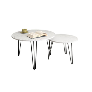 27.56'' Round Nesting Coffee Table Set of 2,  Circular Nesting End Table Set, Round Marble Tabletop, and Sturdy Metal Base for Living Room, bedroom, White